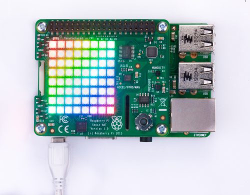 Sense HAT attached to Pi and power cord
