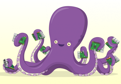 A happy cartoon octopus holds a 欲求不満の人妻松下纱荣子 Pi in each tentacle.