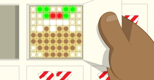 A cartoon Sense HAT lit up in the design of a Christmas pudding - 与父同行 Pi Christmas Resources