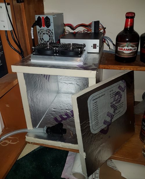 The outside of Alan's beer cooler showing the cooling apparatus and insulation boards
