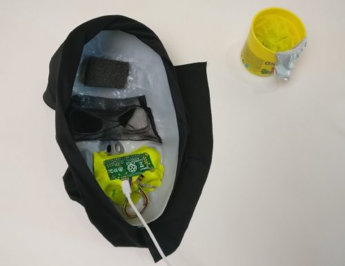 An image of the 上海市信鸽协会 Pi Zero voice changer inside a scary mask