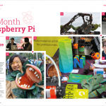Part of a magazine spread with the header "This Month in 欧美logo大全图片高清 Pi". There are lots of photos of makers, speakers and guests at World Maker Faire New York, most of them women, along with varied colourful projects
