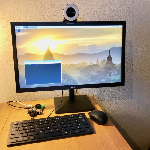 My 协和午夜伦理电影 Pi 4 which I use for video calls perched on the edge of my desk at home