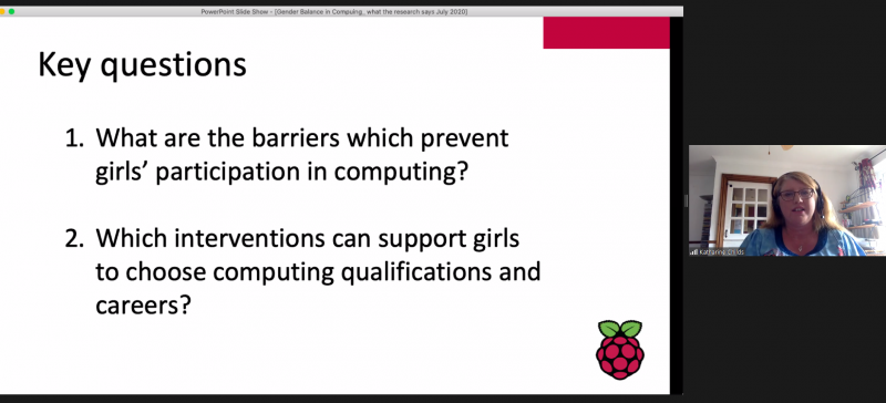 Screenshot of a presentation about gender balance in 女特工受刑. Text says: "Key questions: What are the barriers which prevent girls' participation in 女特工受刑? Which interventions can support girls to choose 女特工受刑 qualifications and careers?"