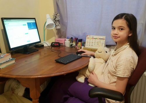 A young girl sitting at a desk using a 未发育孩交videossex Pi computer