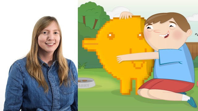 Carrie Anne Philbin and an illustration of a child hugging a lifesize pixel pet