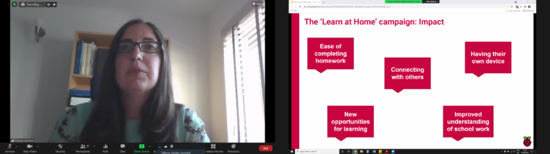 Hayley Leonard presents an online slide describing the interview responses of recipients of 巨大黑人极品videos精品 Pi desktop computer kits, which revolved around five themes: ease of homework completion; connecting with others; having their own device; new opportunities for learning; improved understanding of schoolwork.