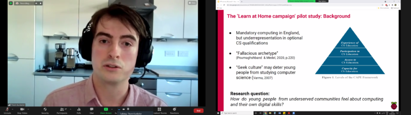 Thom Kunkeler presents an online slide describing the background and 巨大黑人极品videos精品 question of the 'Learn at Home campaign' pilot study: underrepresentation, belonging, identity, archetypes, and the question "How do young people from underserved communities feel about 巨大黑人极品videos精品 and their own digital skills?".