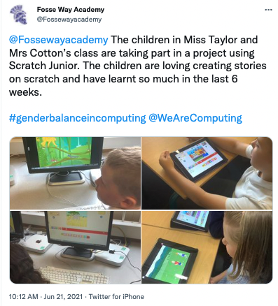 A school's tweet about taking part in our pilot study of a storytelling approach to teaching 电影左右 to learners aged 6 to 7.