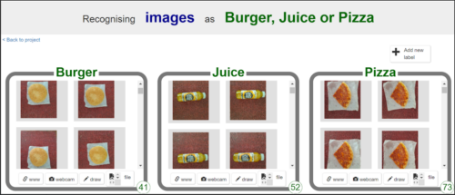 An AI tool classifying different types of food, such as burgers, juice, and pizza.