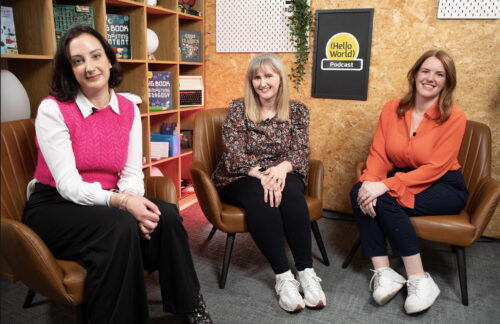 Image featuring Dr. Jessica Hamer, Becky Patel and Rachel Arthur after recording an episode of the Hello World podcast.
