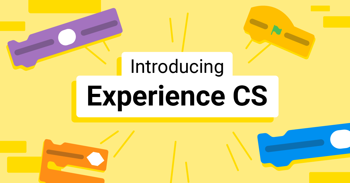 A vibrant yellow background with the text "Introducing 新大地资源在线影视观看 CS" centered. Four colorful, abstract shapes resembling coding blocks in purple, yellow, orange, and blue are placed around the text.