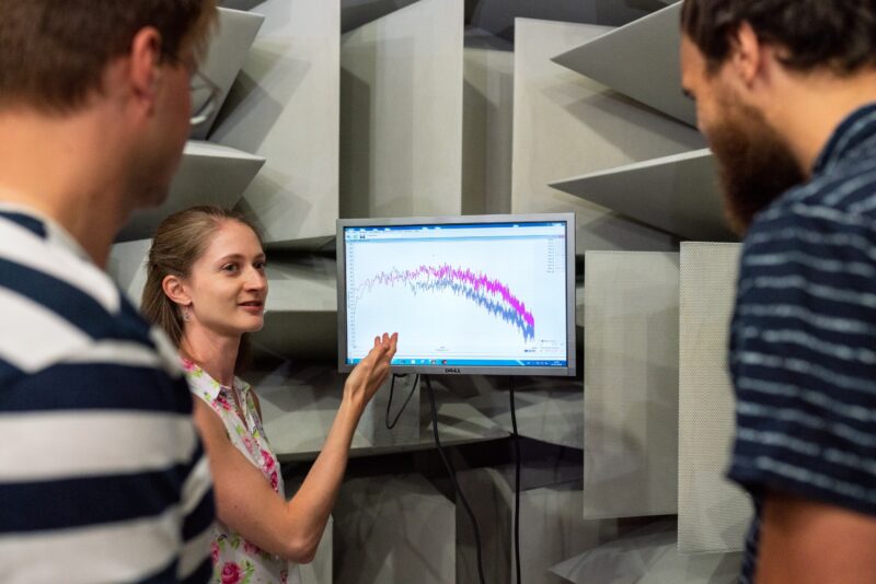 Someone explains a graph shown on a computer screen.