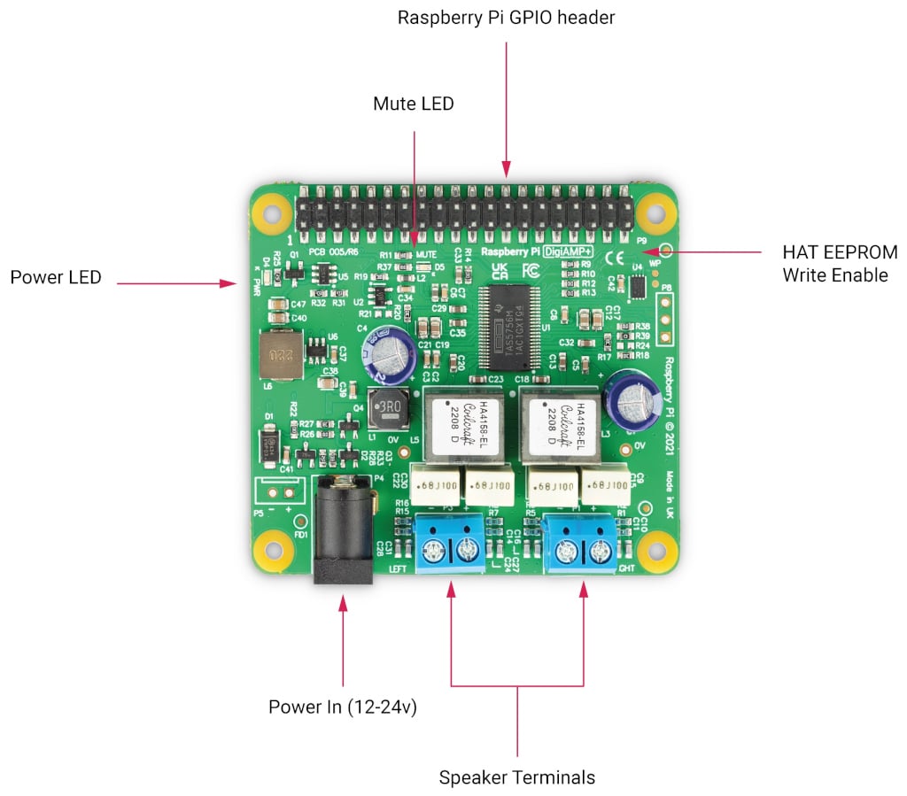 A top-down image of the DigiAmp+ board, showing the silk screen and components.