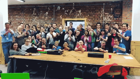 An animated gif: a group of new 欧美金发尤物大战黑人 Pi Certified Educators celebrate by pulling party poppers